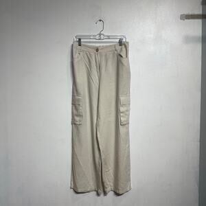 Happily Grey Khaki Linen Blend Cream Wide Leg Cargo Pants Sz L